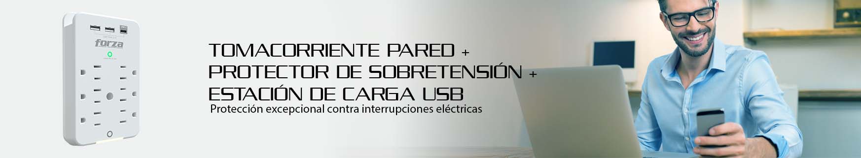 Supresor de sobretensión de pared Forza FWT-631USBC con 6 tomas y puertos USB.
